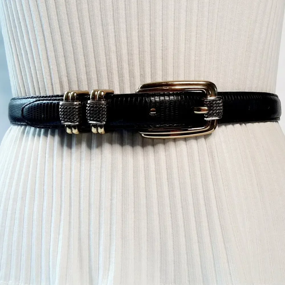 Brighton Classics 4603 Black Lizard Print Leather Belt Small Ornate Hardware